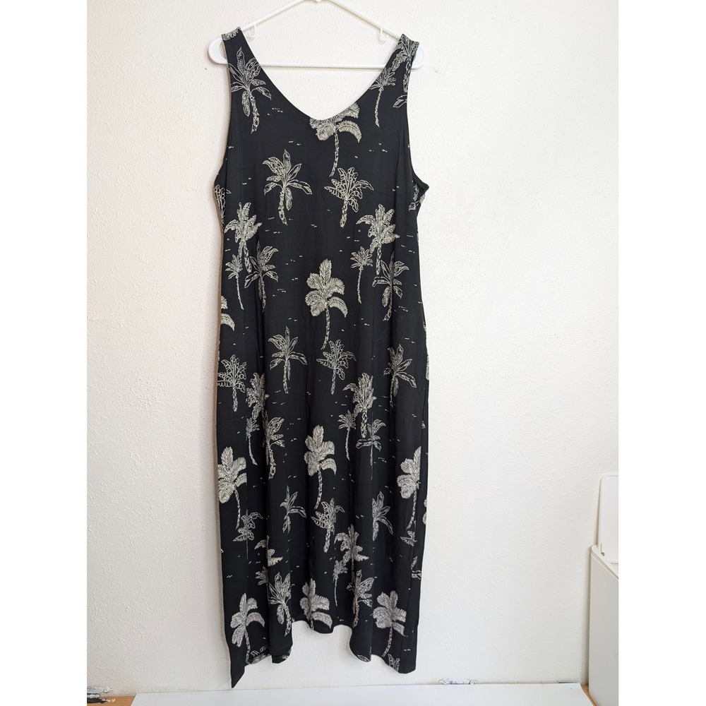 J. Jill Women Palm Tree Midi Dress L Black White Sleeveless Pockets Tropical